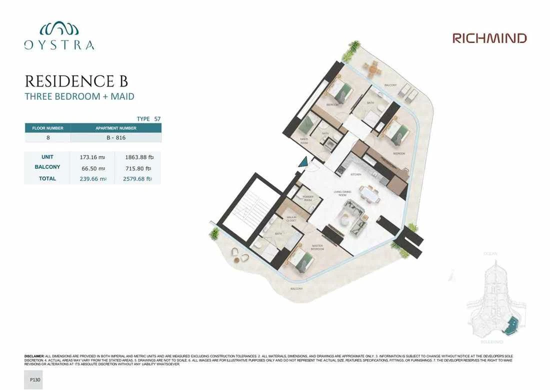 Oystra 3-bedroom Type 57 apartment with maid's room, Apartment B-816, Floor 8, Residence B, 2,579.68 sq ft floor plan.