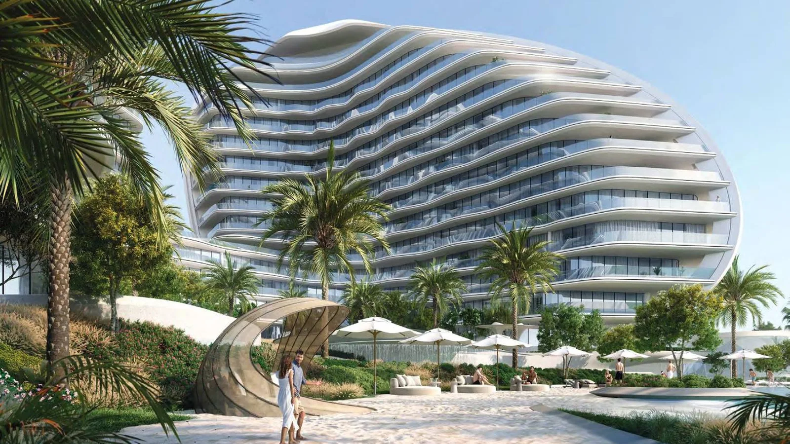 Curved Oystra residence facade and landscaped arrival on Al Marjan Island