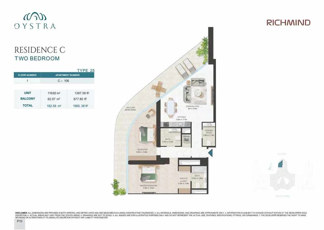 Oystra 2-bedroom Type 25 apartment, Apartment C-106, Floor 1, Residence C, 1,965.38 sq ft floor plan.