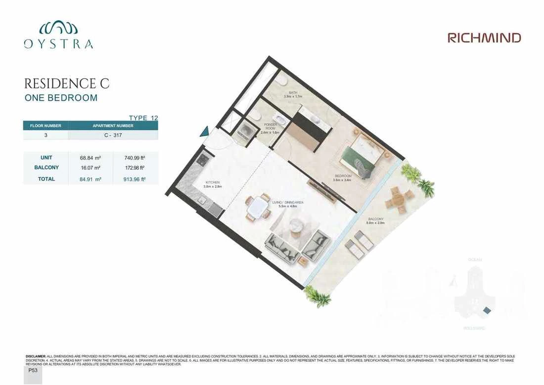 Oystra 1-bedroom Type 12 apartment, Apartment C-317, Floor 3, Residence C, 913.96 sq ft floor plan.