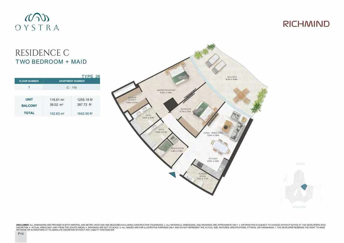 Oystra 2-bedroom Type 26 apartment with maid's room, Apartment C-110, Floor 1, Residence C, 1,642.90 sq ft floor plan.
