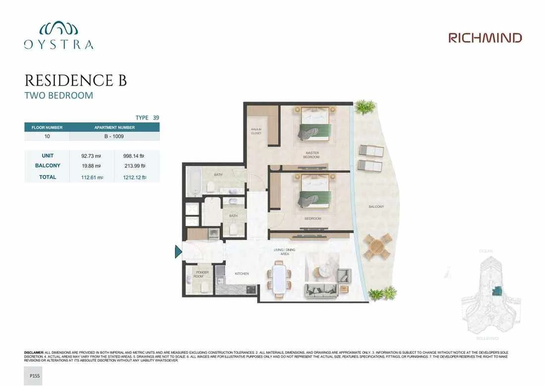Oystra 2-bedroom Type 39 apartment, Apartment B-1009, Floor 10, Residence B, 1,212.12 sq ft floor plan.