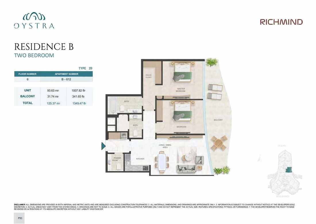 Oystra 2-bedroom Type 39 apartment, Apartment B-612, Floor 6, Residence B, 1,349.47 sq ft floor plan.