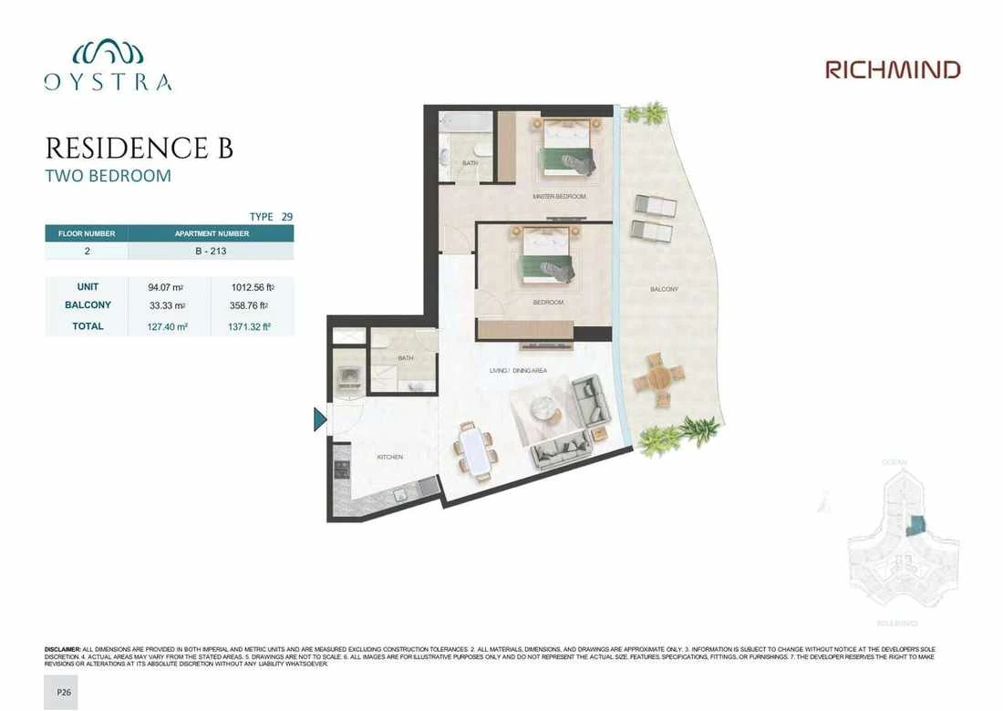 Oystra 2-bedroom Type 29 apartment, Apartment B-213, Floor 2, Residence B, 1,371.32 sq ft floor plan.