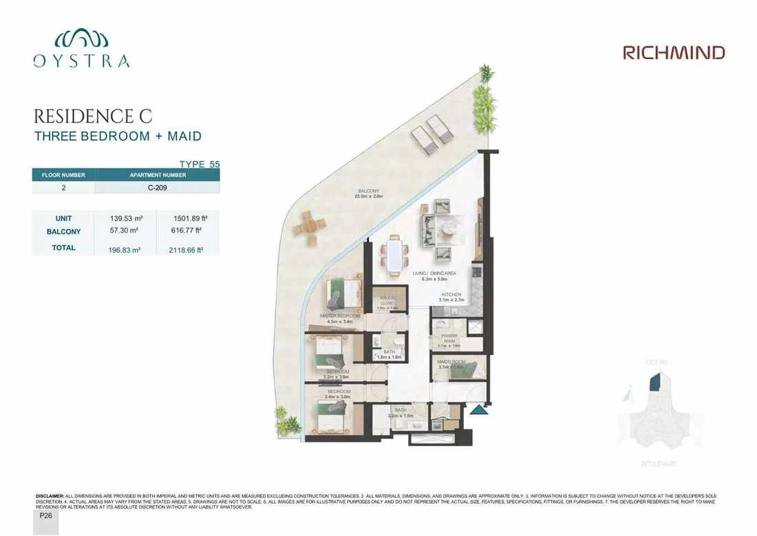 Oystra 3-bedroom Type 55 apartment with maid's room, Apartment C-209, Floor 2, Residence C, 2,118.66 sq ft floor plan.