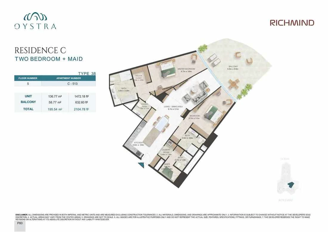 Oystra 2-bedroom Type 38 apartment with maid's room, Apartment C-513, Floor 5, Residence C, 2,104.78 sq ft floor plan.