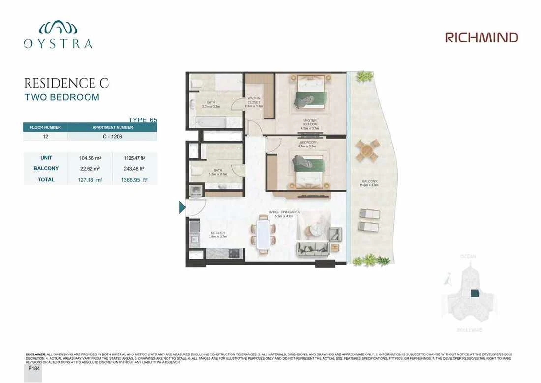 Oystra 2-bedroom Type 65 apartment, Apartment C-1208, Floor 12, Residence C, 1,368.95 sq ft floor plan.