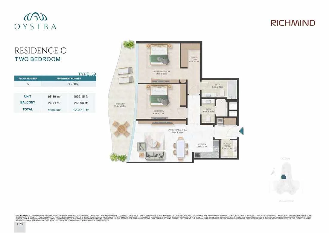 Oystra 2-bedroom Type 39 apartment, Apartment C-506, Floor 5, Residence C, 1,298.13 sq ft floor plan.