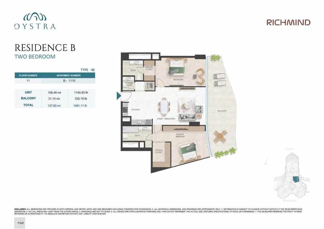 Oystra 2-bedroom Type 46 apartment, Apartment B-1110, Floor 11, Residence B, 1,481.11 sq ft floor plan.