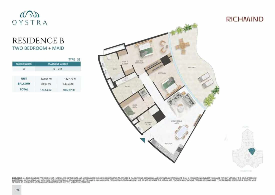 Oystra 2-bedroom Type 32 apartment with maid's room, Apartment B-314, Floor 3, Residence B, 1,867.97 sq ft floor plan.