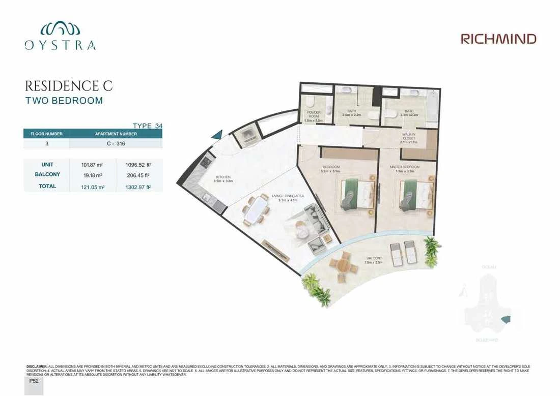 Oystra 2-bedroom Type 34 apartment, Apartment C-316, Floor 3, Residence C, 1,302.97 sq ft floor plan.