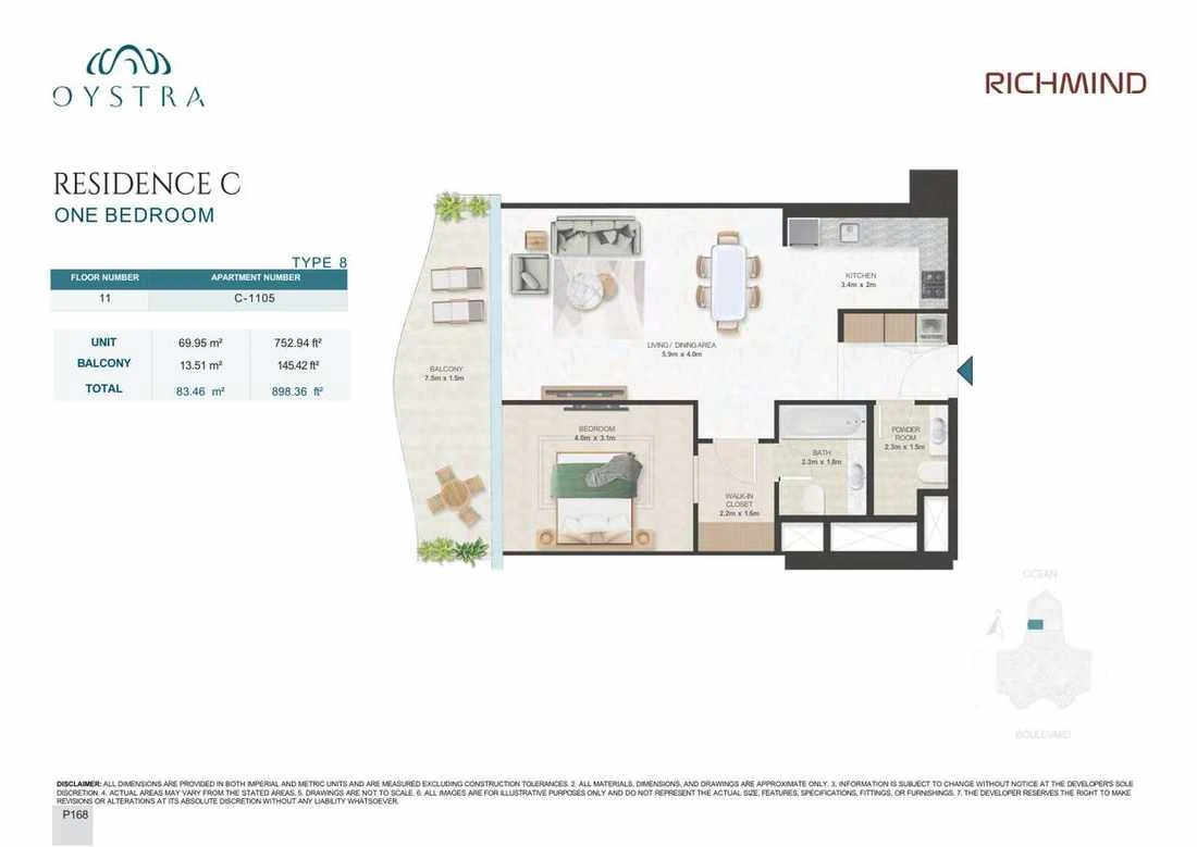 Oystra 1-bedroom Type 8 apartment, Apartment C-1105, Floor 11, Residence C, 898.36 sq ft floor plan.