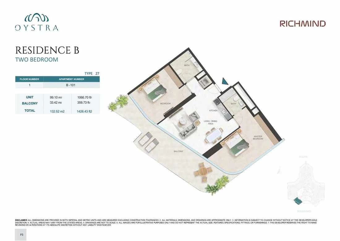 Oystra 2-bedroom Type 27 apartment, Apartment B-101, Floor 1, Residence B, 1,426.43 sq ft floor plan.