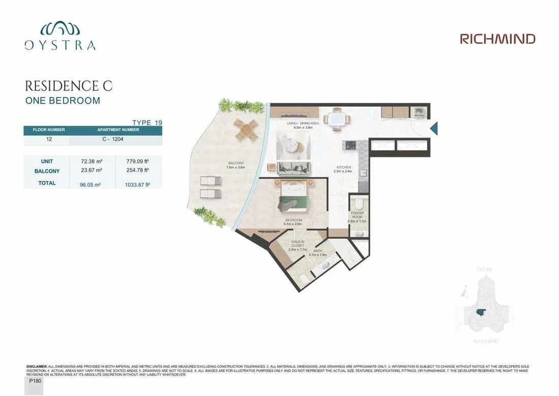 Oystra 1-bedroom Type 19 apartment, Apartment C-1204, Floor 12, Residence C, 1,033.87 sq ft floor plan.
