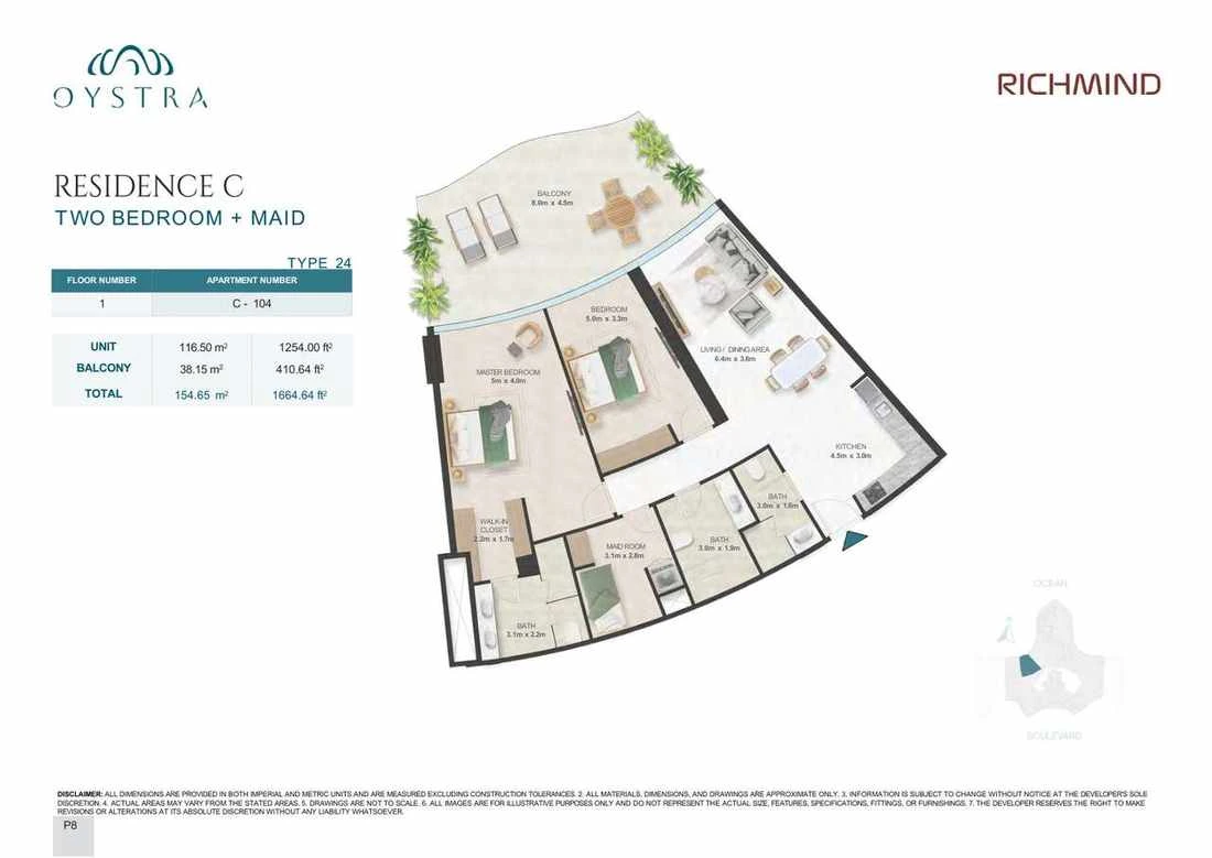 Oystra 2-bedroom Type 24 apartment with maid's room, Apartment C-104, Floor 1, Residence C, 1,664.64 sq ft floor plan.