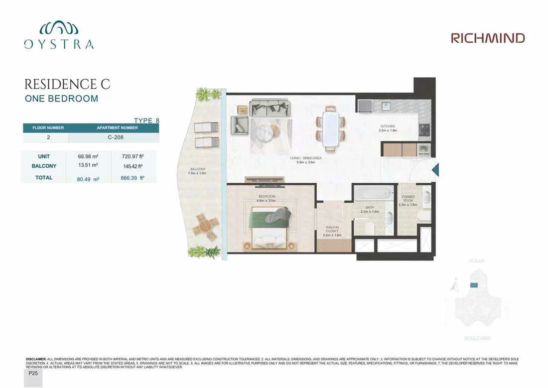 Oystra 1-bedroom Type 8 apartment, Apartment C-208, Floor 2, Residence C, 866.39 sq ft floor plan.