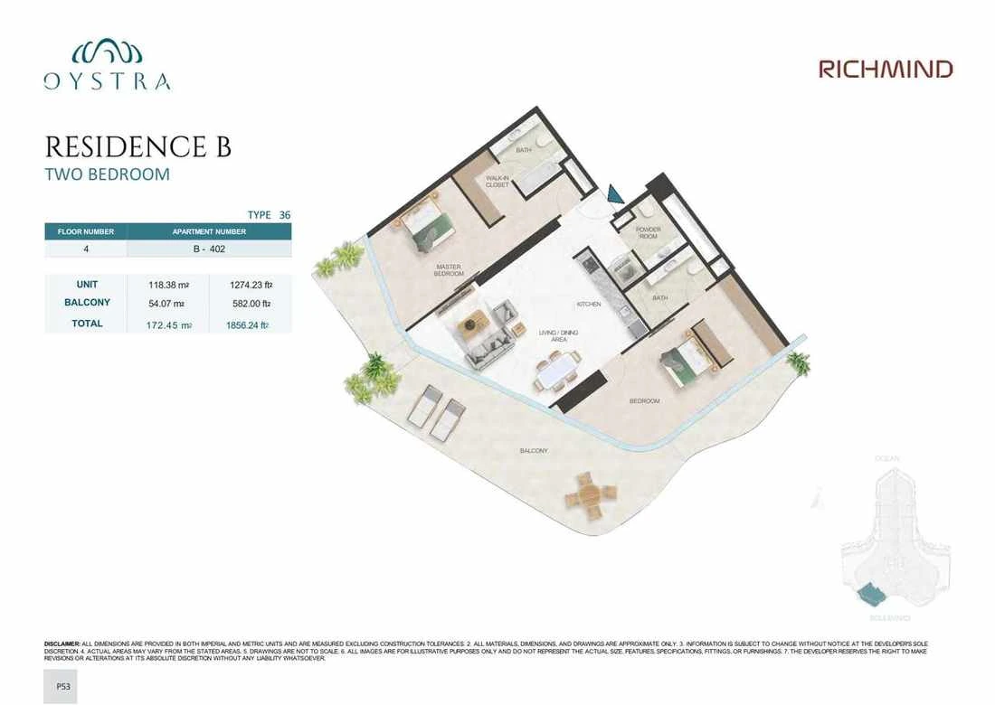 Oystra 2-bedroom Type 36 apartment, Apartment B-402, Floor 4, Residence B, 1,856.24 sq ft floor plan.