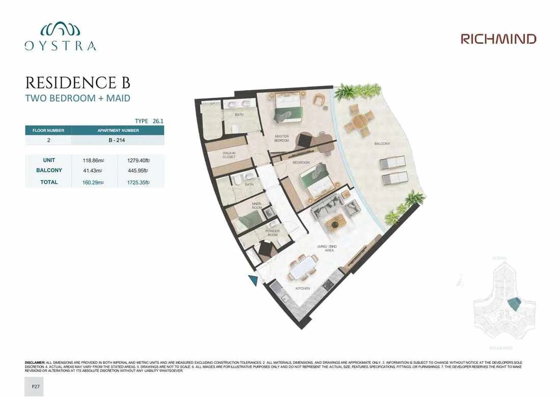 Oystra 2-bedroom Type 26.1 apartment with maid's room, Apartment B-214, Floor 2, Residence B, 1,725.35 sq ft floor plan.
