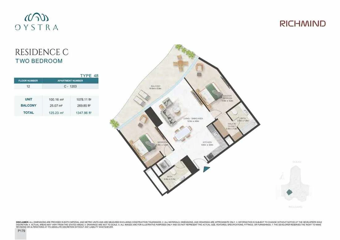 Oystra 2-bedroom Type 48 apartment, Apartment C-1203, Floor 12, Residence C, 1,347.96 sq ft floor plan.