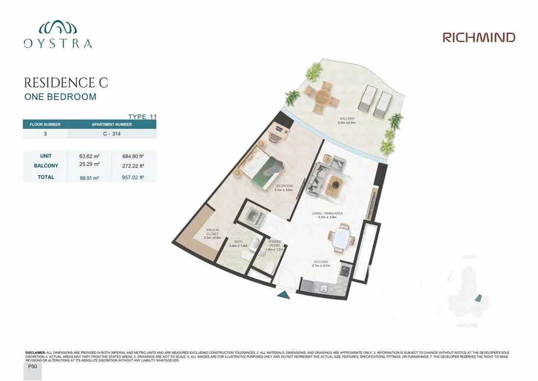 Oystra 1-bedroom Type 11 apartment, Apartment C-314, Floor 3, Residence C, 957.02 sq ft floor plan.