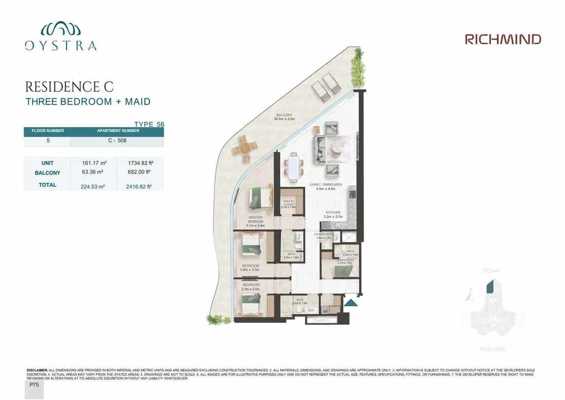 Oystra 3-bedroom Type 56 apartment with maid's room, Apartment C-508, Floor 5, Residence C, 2,416.82 sq ft floor plan.