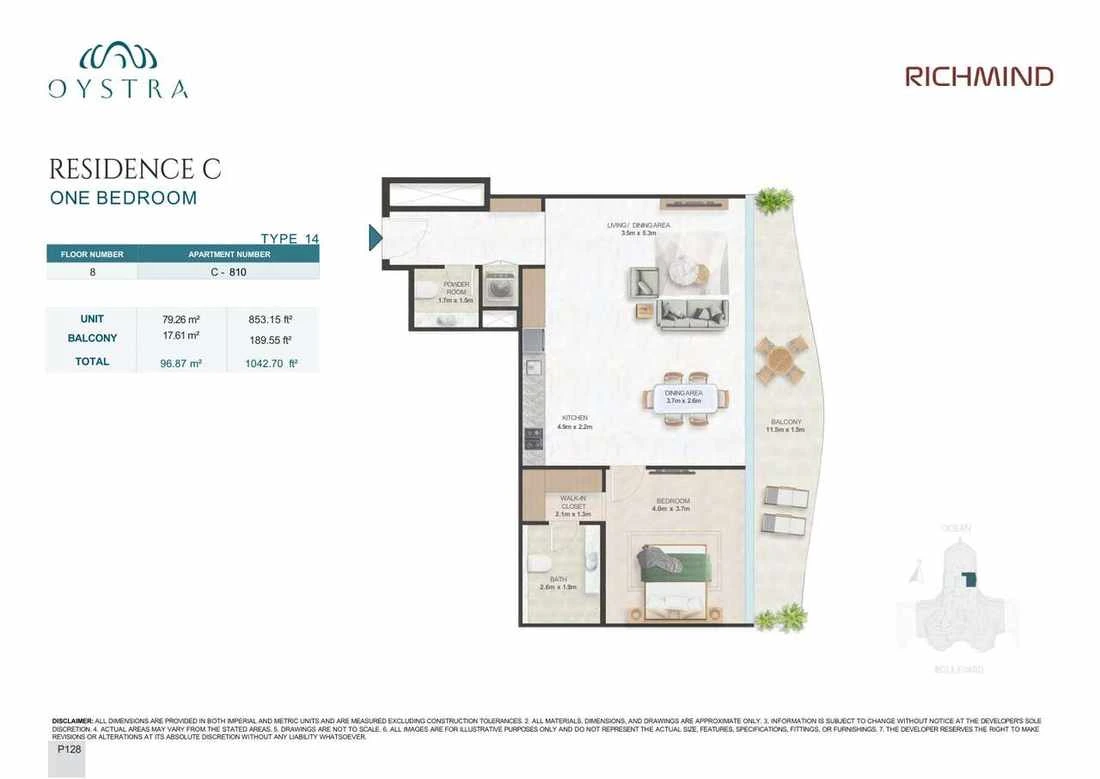 Oystra 1-bedroom Type 14 apartment, Apartment C-810, Floor 8, Residence C, 1,042.70 sq ft floor plan.