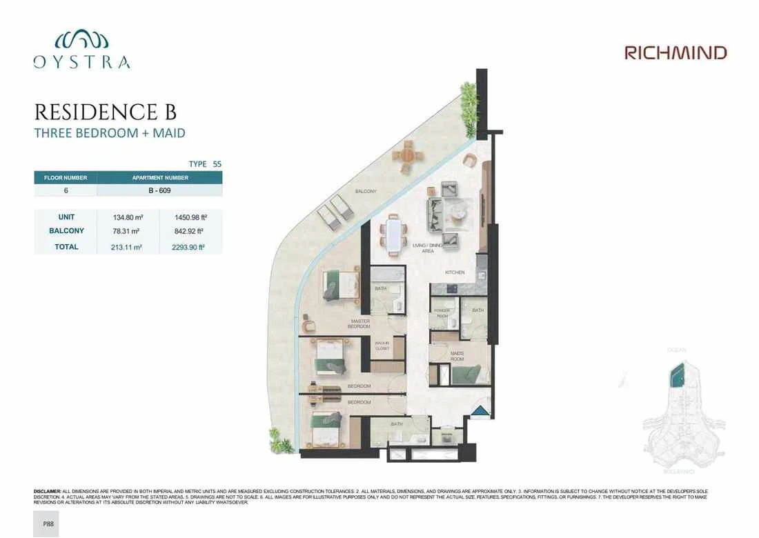Oystra 3-bedroom Type 55 apartment with maid's room, Apartment B-609, Floor 6, Residence B, 2,293.90 sq ft floor plan.