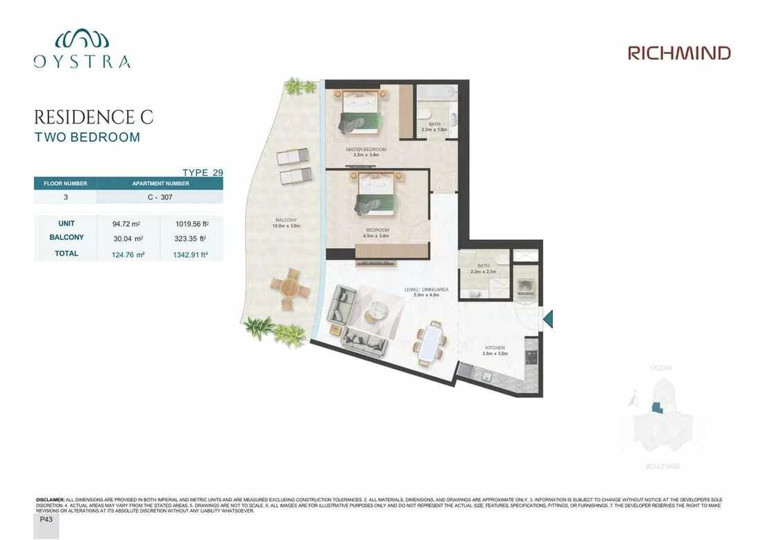 Oystra 2-bedroom Type 29 apartment, Apartment C-307, Floor 3, Residence C, 1,342.91 sq ft floor plan.