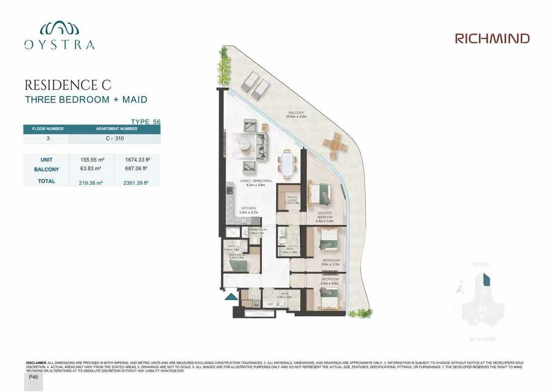 Oystra 3-bedroom Type 56 apartment with maid's room, Apartment C-310, Floor 3, Residence C, 2,361.39 sq ft floor plan.
