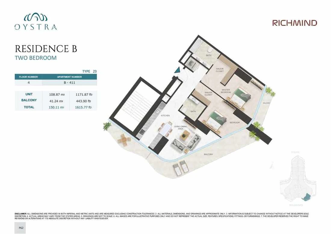 Oystra 2-bedroom Type 23 apartment, Apartment B-411, Floor 4, Residence B, 1,615.77 sq ft floor plan.