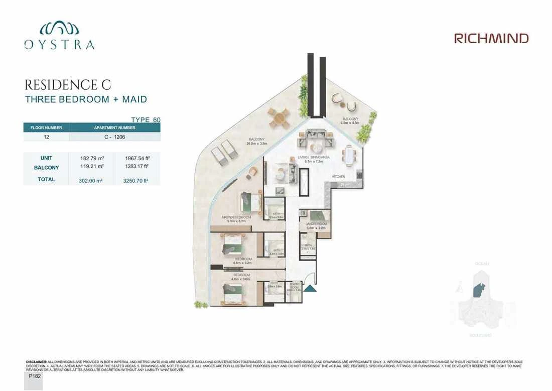 Oystra 3-bedroom Type 60 apartment with maid's room, Apartment C-1206, Floor 12, Residence C, 3,250.70 sq ft floor plan.