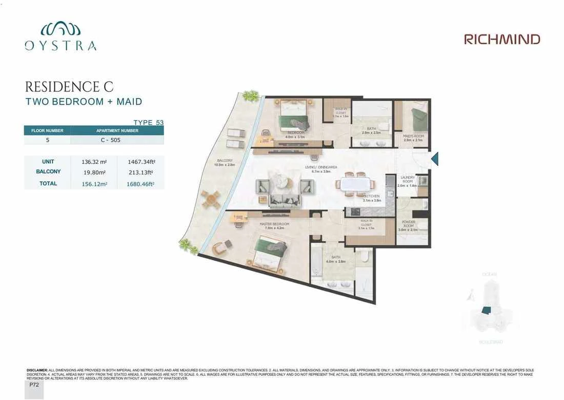 Oystra 2-bedroom Type 53 apartment with maid's room, Apartment C-505, Floor 5, Residence C, 1,680.46 sq ft floor plan.