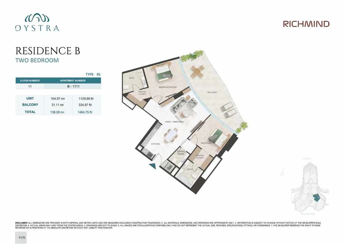 Oystra 2-bedroom Type 45 apartment, Apartment B-1111, Floor 11, Residence B, 1,464.75 sq ft floor plan.