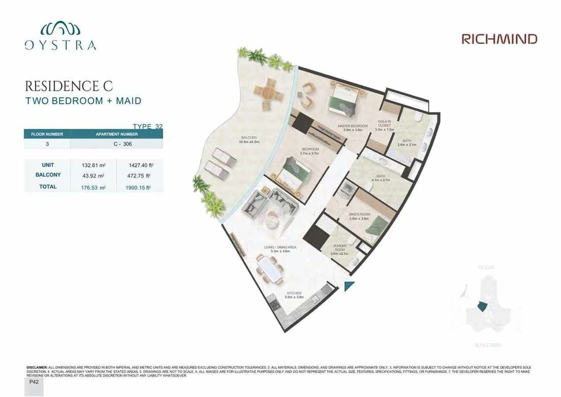 Oystra 2-bedroom Type 32 apartment with maid's room, Apartment C-306, Floor 3, Residence C, 1,900.15 sq ft floor plan.