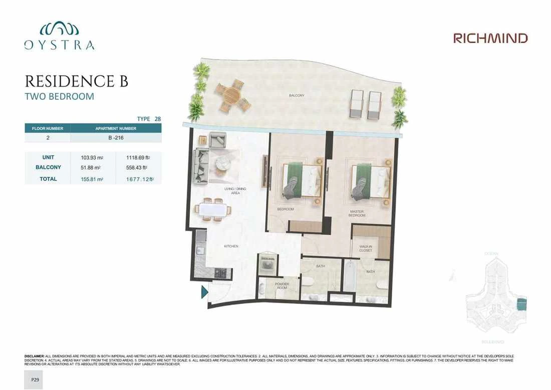 Oystra 2-bedroom Type 28 apartment, Apartment B-216, Floor 2, Residence B, 1,677.12 sq ft floor plan.