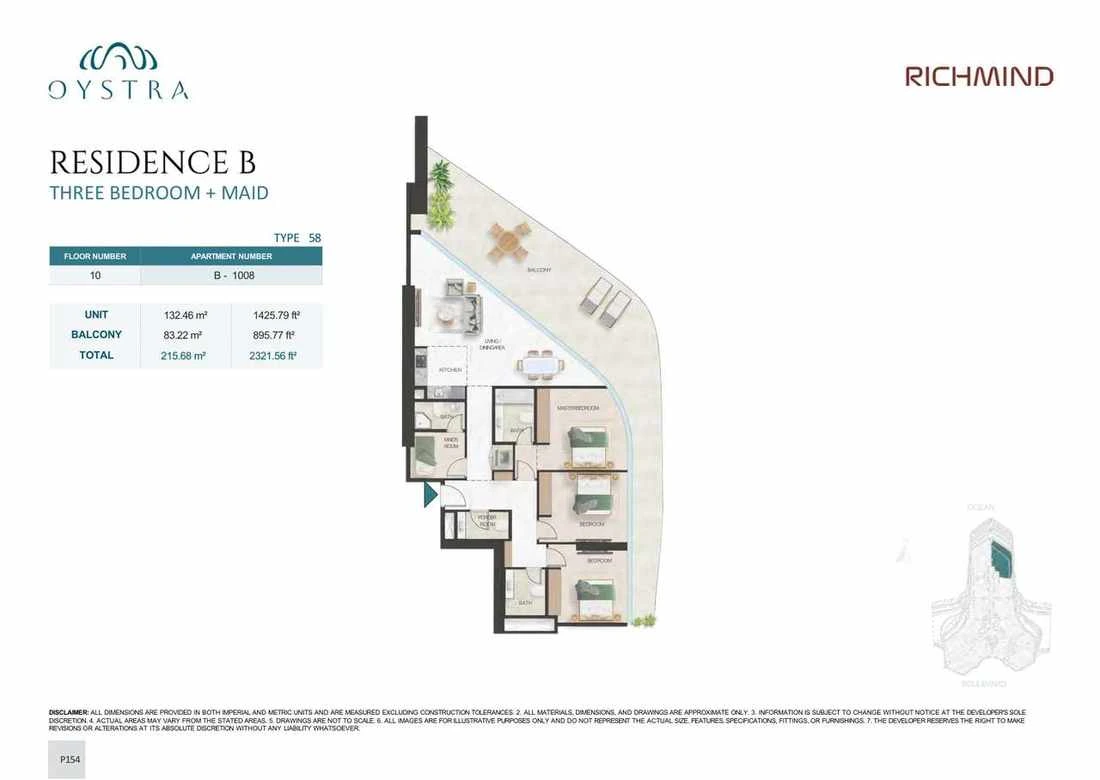 Oystra 3-bedroom Type 58 apartment with maid's room, Apartment B-1008, Floor 10, Residence B, 2,321.56 sq ft floor plan.