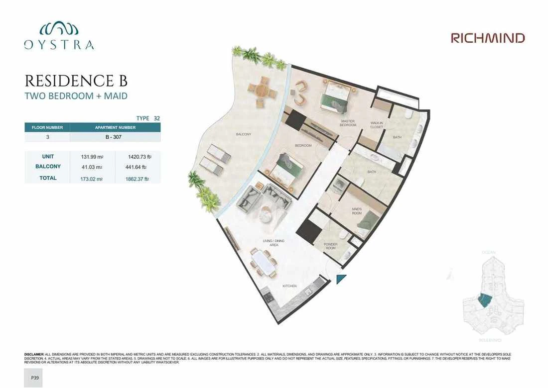 Oystra 2-bedroom Type 32 apartment with maid's room, Apartment B-307, Floor 3, Residence B, 1,862.37 sq ft floor plan.