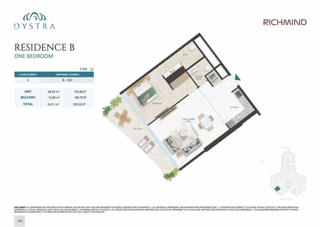 Oystra 1-bedroom Type 12 apartment, Apartment B-303, Floor 3, Residence B, 909.66 sq ft floor plan.