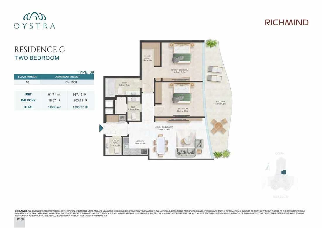 Oystra 2-bedroom Type 39 apartment, Apartment C-1008, Floor 10, Residence C, 1,190.27 sq ft floor plan.