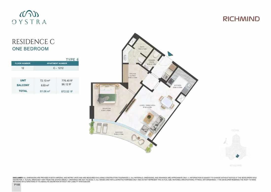 Oystra 1-bedroom Type 6 apartment, Apartment C-1212, Floor 12, Residence C, 872.52 sq ft floor plan.