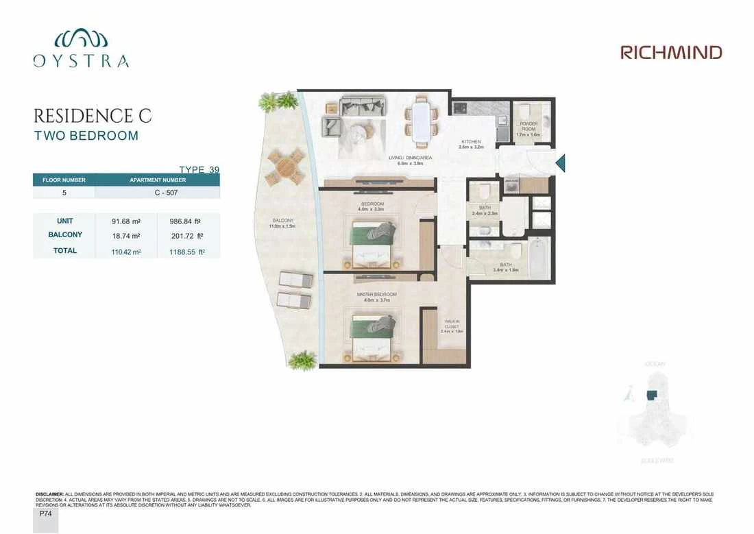 Oystra 2-bedroom Type 39 apartment, Apartment C-507, Floor 5, Residence C, 1,188.55 sq ft floor plan.