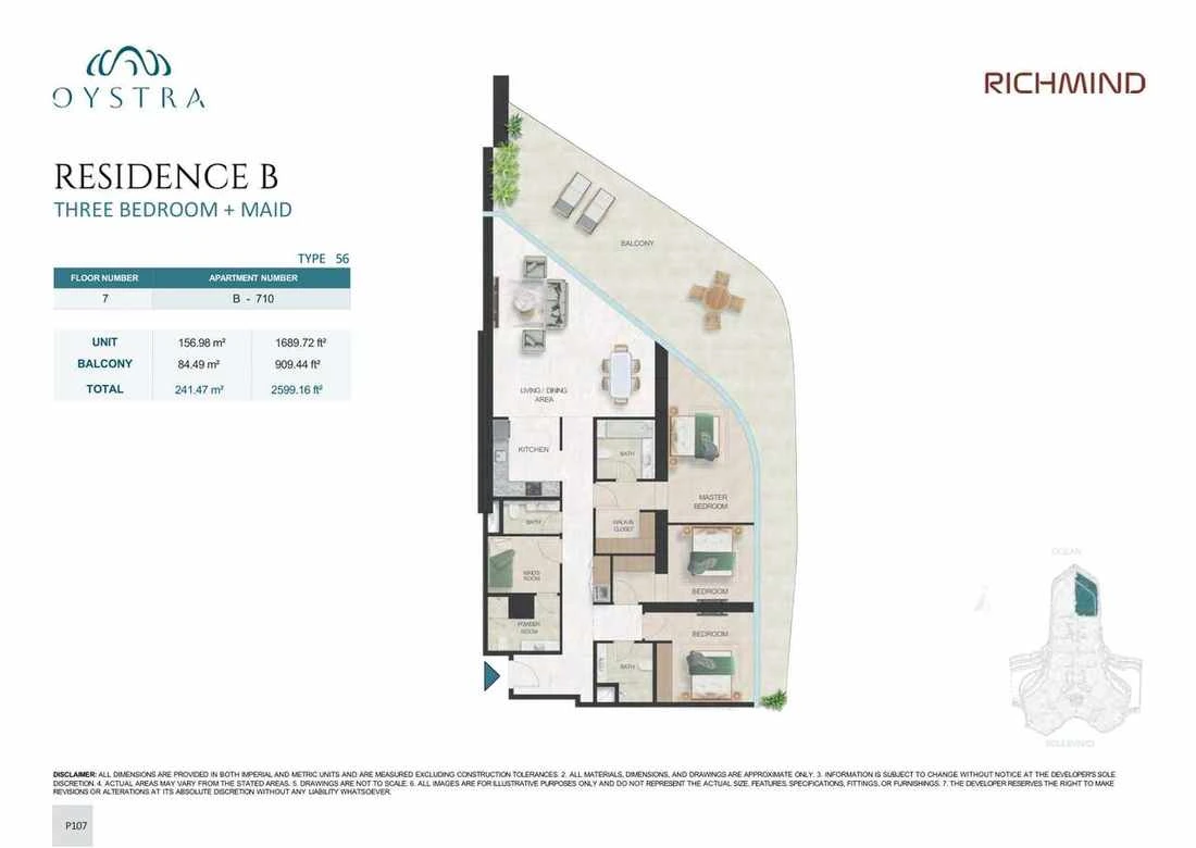 Oystra 3-bedroom Type 56 apartment with maid's room, Apartment B-710, Floor 7, Residence B, 2,599.16 sq ft floor plan.