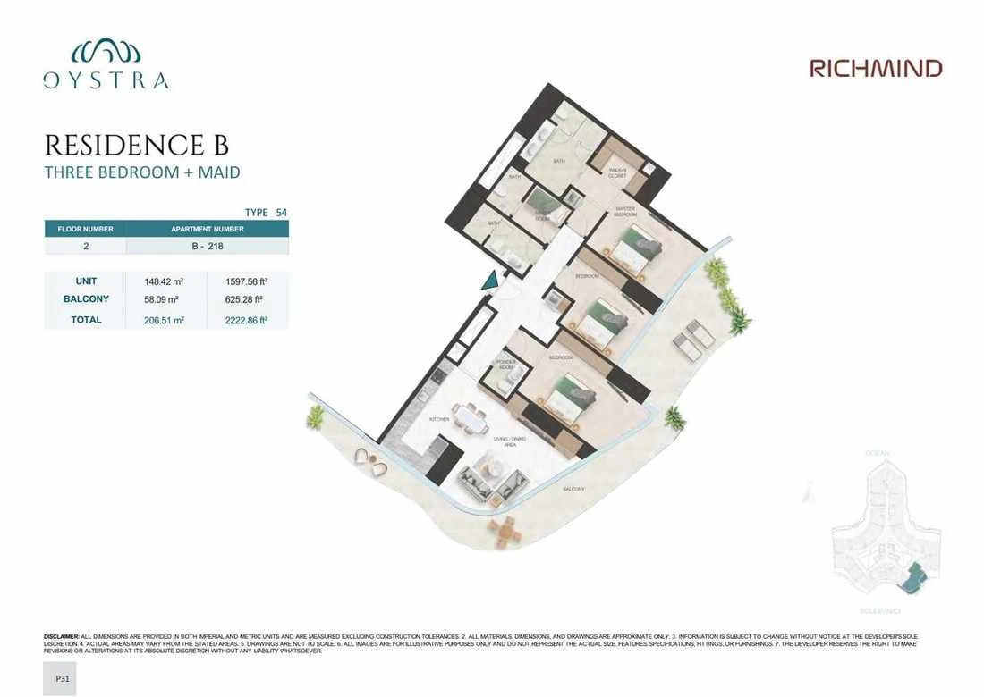 Oystra 3-bedroom Type 54 apartment with maid's room, Apartment B-218, Floor 2, Residence B, 2,222.86 sq ft floor plan.