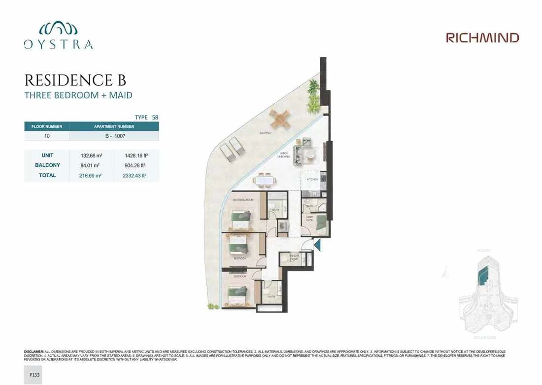 Oystra 3-bedroom Type 58 apartment with maid's room, Apartment B-1007, Floor 10, Residence B, 2,332.43 sq ft floor plan.