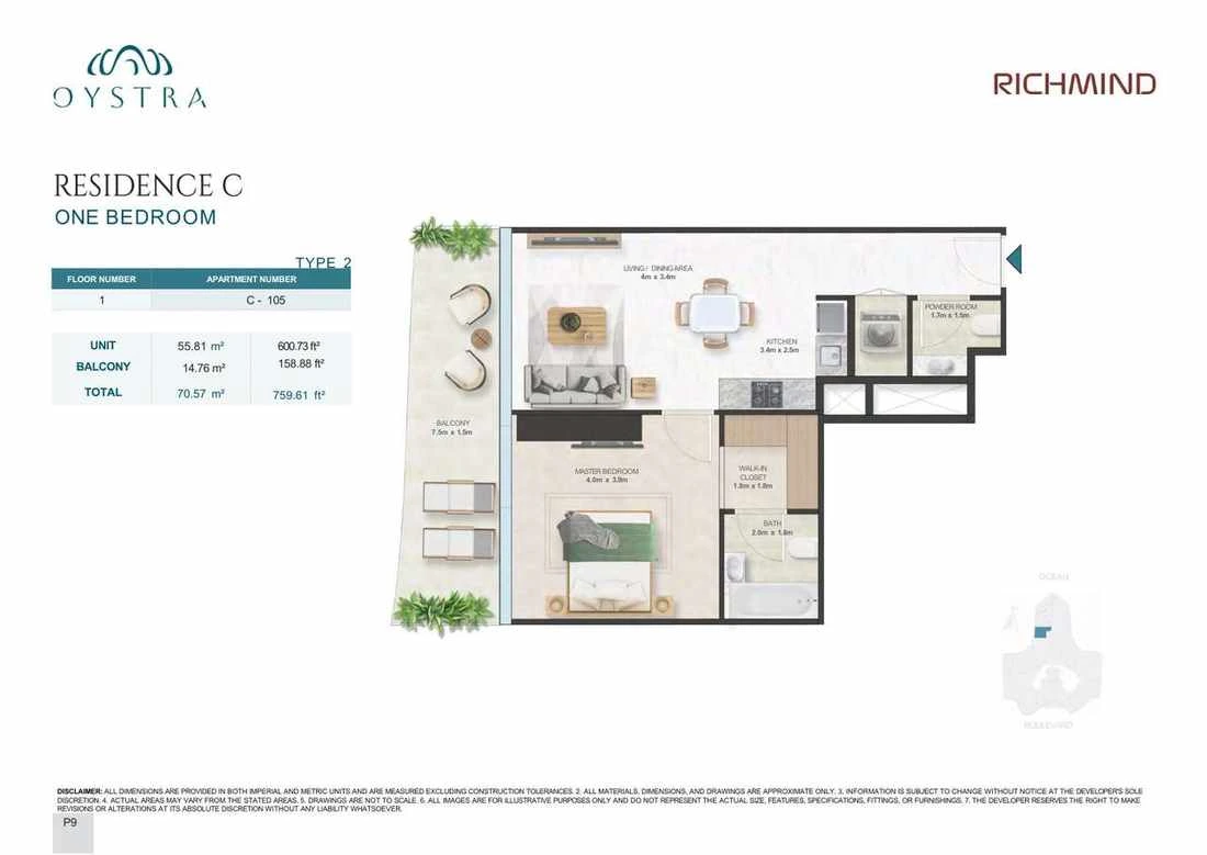 Oystra 1-bedroom Type 2 apartment, Apartment C-105, Floor 1, Residence C, 759.61 sq ft floor plan.