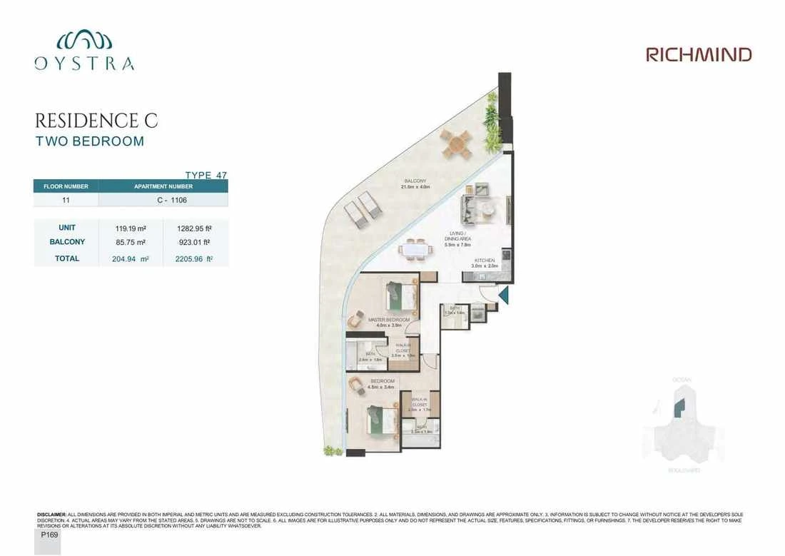 Oystra 2-bedroom Type 47 apartment, Apartment C-1106, Floor 11, Residence C, 2,205.96 sq ft floor plan.