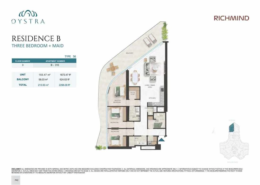Oystra 3-bedroom Type 56 apartment with maid's room, Apartment B-310, Floor 3, Residence B, 2,298.09 sq ft floor plan.