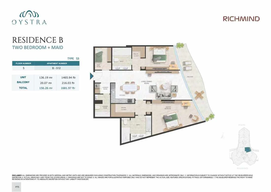 Oystra 2-bedroom Type 53 apartment with maid's room, Apartment B-512, Floor 5, Residence B, 1,681.97 sq ft floor plan.