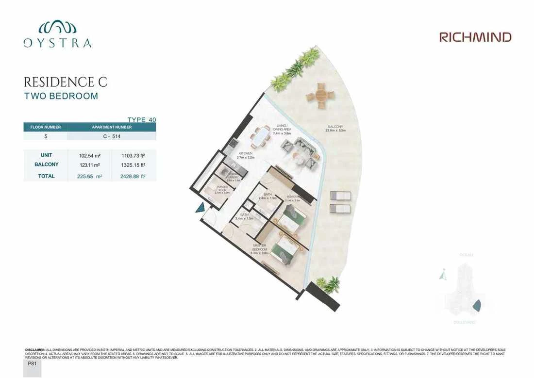 Oystra 2-bedroom Type 40 apartment, Apartment C-514, Floor 5, Residence C, 2,428.88 sq ft floor plan.