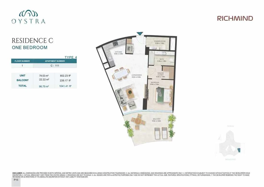 Oystra 1-bedroom Type 4 apartment, Apartment C-111, Floor 1, Residence C, 1,041.41 sq ft floor plan.